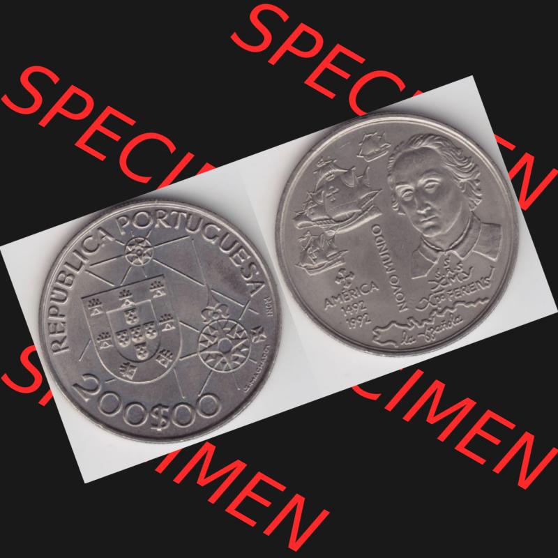 Münzen Portugal Gedenkmünze 1992-1992, 200 Escudos, America 1492-1992, Novomundo, Xpo Perens. Vorderseite und Rückseite auf einen Bild/Foto der portugiesischen... Sammlung