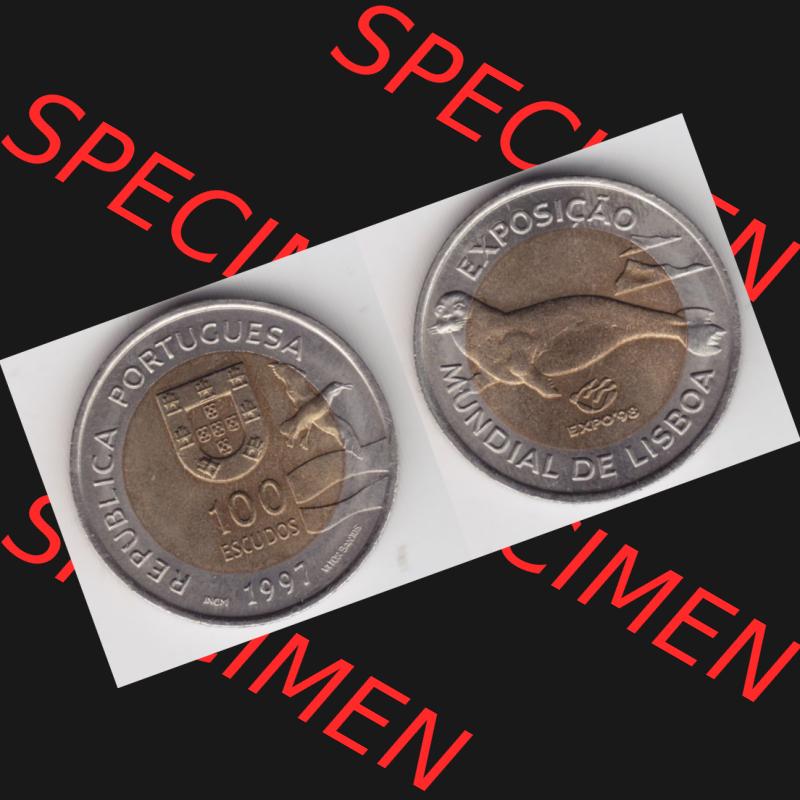 Münzen Portugal Gedenkmünze 1997-1997, 100 Escudo, EXPO98, Exposicao, Mundial de Lisaboa. Vorderseite und Rückseite auf einen Bild/Foto der portugiesischen... Sammlung