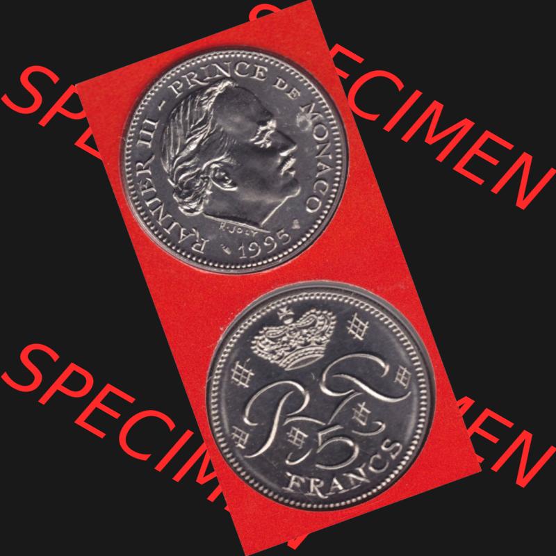 Münzen Monaco Umlaufmünze 1971-1995, 5 Francs 1995, Münzseiten Untereinander als Bildmaterial Sammlung