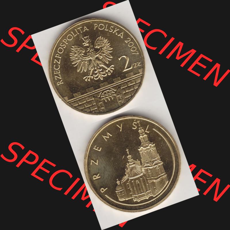 Münzen Polen Gedenkmünze 2007-2007, 2 Zloty, Historische Städte in Polen - Przemysl, Münzseiten Untereinander als Bildmaterial Sammlung