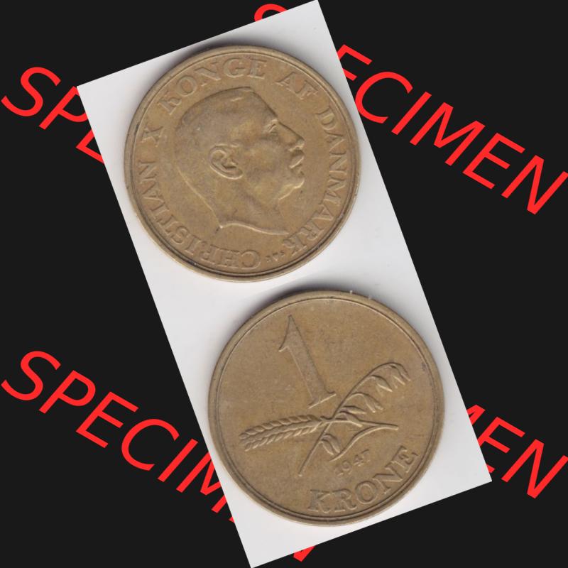 Münzen Dänemark Umlaufmünze 1947, 1 Krone. Vorderseite und Rückseite vertikal auf einen digitalen Bild der alten dänischen Umlaufmünze aus Dänemark zum katalogisieren... Sammlung
