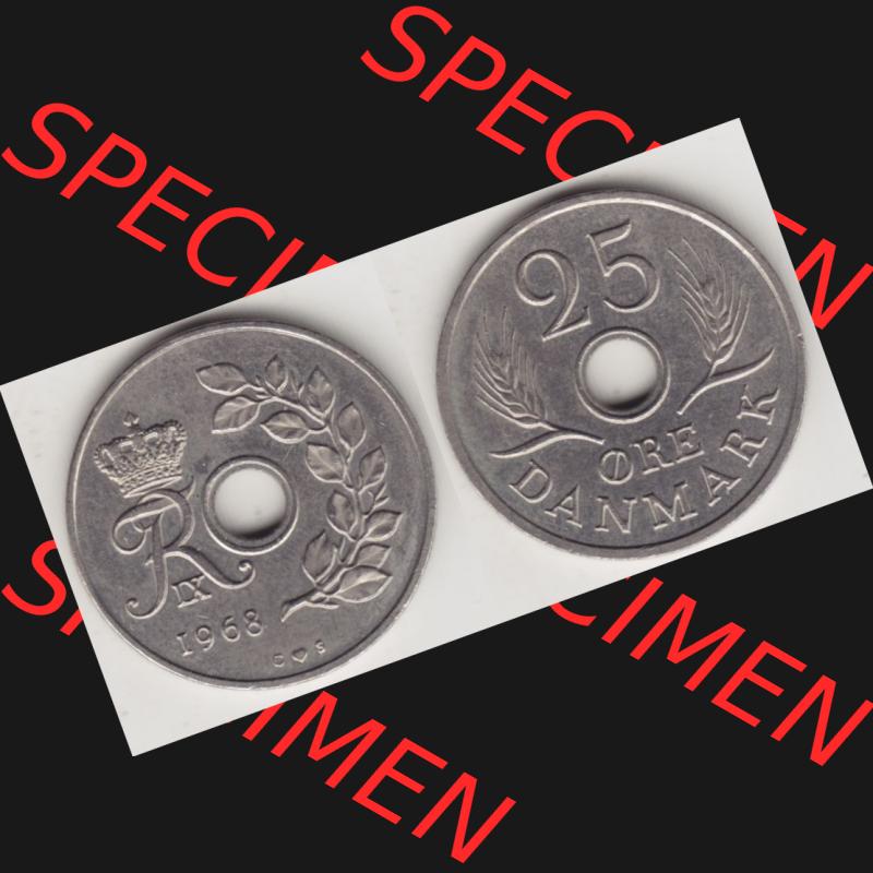 Münzen Dänemark Umlaufmünze 1966-1972, 25 Öre 1968 I. Vorderseite und Rückseite horizontal auf einen digitalen Bild der alten dänischen Umlaufmünze aus Dänemark... Sammlung