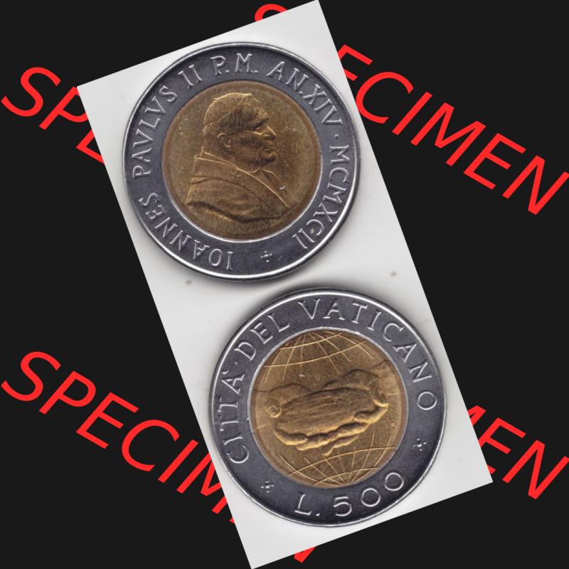 Münzen Vatikan / Vatikanstadt Umlaufmünze 1992-1992, 500 Lire Papst Giovanni Paolo II, Münzseiten Untereinander als Bildmaterial. Münze aus dem Vatikan der Vatikanstadt... Sammlung