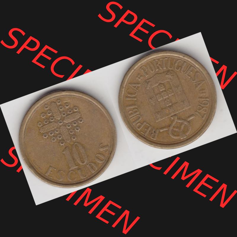Münzen Portugal Umlaufmünze 1986-2001, 10 Escudos 1987. Vorderseite und Rückseite auf einen Bild/Foto der portugiesischen Umlaufmünze aus Portugal vor der Euro-Einführung... Sammlung
