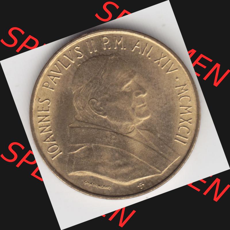 Münzen Vatikan / Vatikanstadt Umlaufmünze 1992-1992, 20 Lire Papst Giovanni Paolo II, Bild mit Vorderseite der Münze als Bildmaterial. Münze aus dem Vatikan der... Sammlung