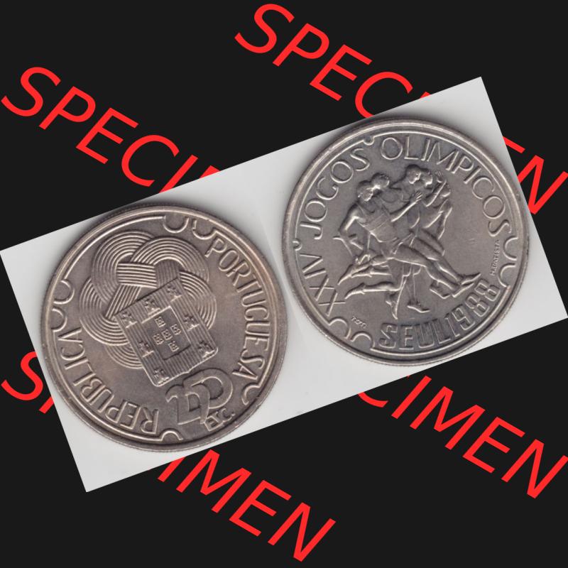 Münzen Portugal Gedenkmünze 1988-1988, 250 Escudo, XXIV Jogos Olimpicos Seul 1988, OLympiade. Vorderseite und Rückseite auf einen Bild/Foto der portugiesischen... Sammlung