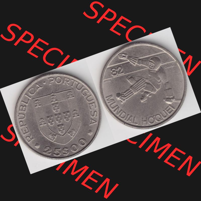 Münzen Portugal Gedenkmünze 1982-1982, 25 Escudo, Mundial Hoquei. Vorderseite und Rückseite auf einen Bild/Foto der portugiesischen Gedenkmünze aus Portugal vor... Sammlung