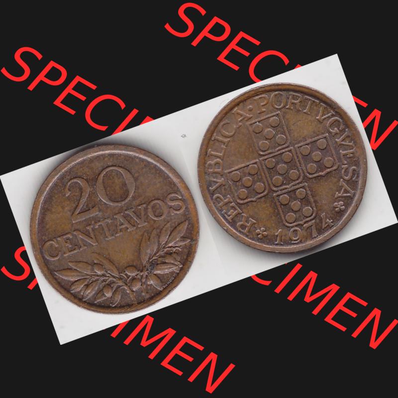 Münzen Portugal Umlaufmünze 1969-1974, 20 Centavos 1974. Vorderseite und Rückseite auf einen Bild/Foto der portugiesischen Umlaufmünze aus Portugal vor der Euro-Einführung... Sammlung