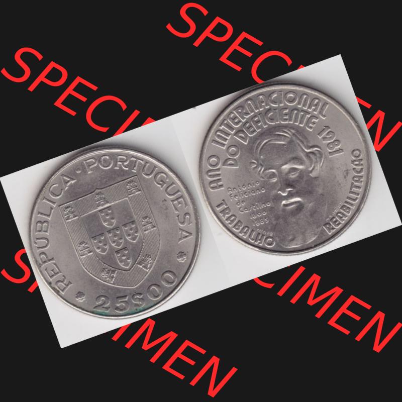 Münzen Portugal Gedenkmünze 1981-1981, 25 Escudos, Ano Internacional do Deficiente 1981 Internationales Jahr der Behinderten. Vorderseite und Rückseite auf einen Bild/Foto... Sammlung