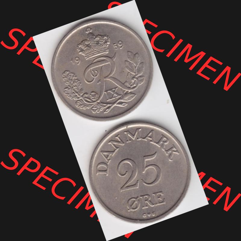 Münzen Dänemark Umlaufmünze 1959, 25 Öre. Vorderseite und Rückseite vertikal auf einen digitalen Bild der alten dänischen Umlaufmünze aus Dänemark zum... Sammlung