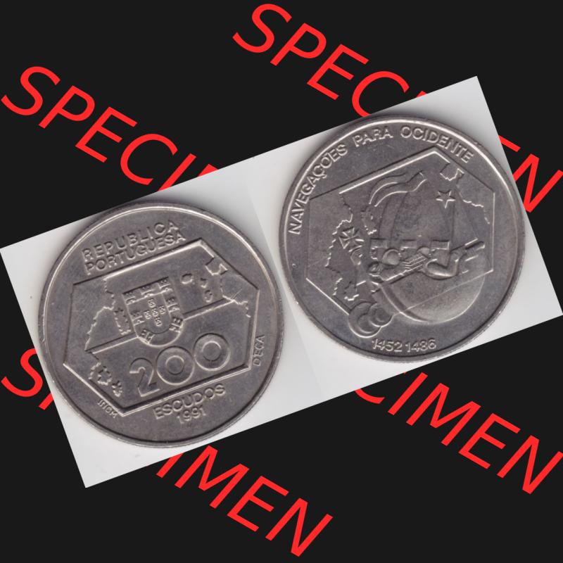 Münzen Portugal Gedenkmünze 1992-1992 200 Escudo, Navegagoes Para Ocidente 1452-1486. Vorderseite und Rückseite auf einen Bild/Foto der portugiesischen Gedenkmünze... Sammlung