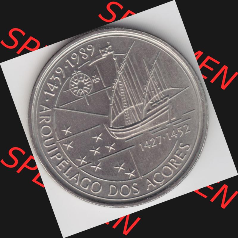 Münzen Portugal Gedenkmünze 1989-1989, 100 Escudos, Arouipelago Dos Acores, 1439-1989. Rückseite der portugiesischen Gedenkmünze aus Portugal vor der Euro-Einführung... Sammlung