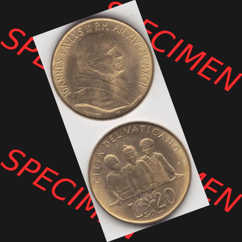 Münzen Vatikan / Vatikanstadt Umlaufmünze 1992-1992, 20 Lire Papst Giovanni Paolo II, Münzseiten Untereinander als Bildmaterial. Münze aus dem Vatikan der Vatikanstadt... Sammlung