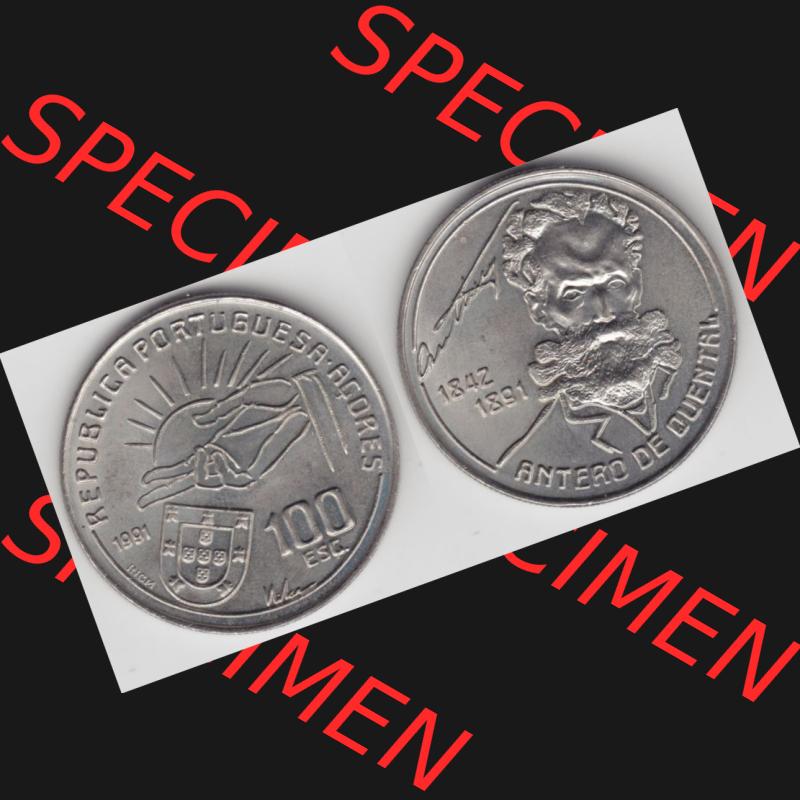 Münzen Portugal Gedenkmünze 1991-1991, 100 Escudos Antero de Quental, 1842-1891. Vorderseite und Rückseite auf einen Bild/Foto der portugiesischen Gedenkmünze... Sammlung