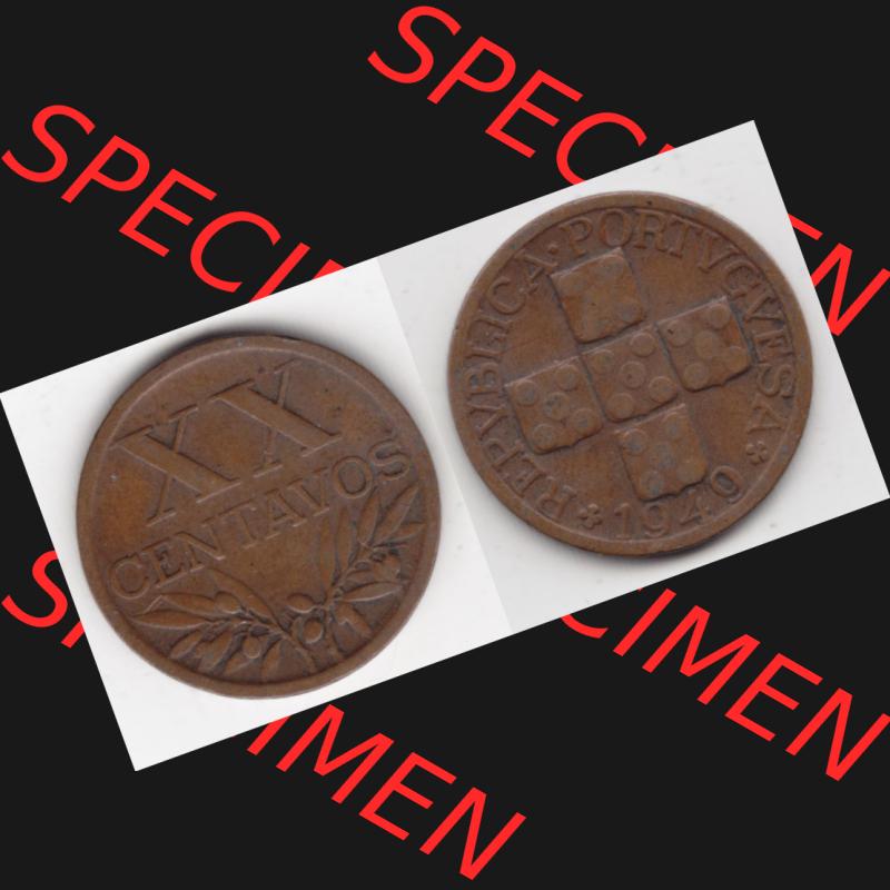 Münzen Portugal Umlaufmünze 1942-1969, 20 Centavos 1949. Vorderseite und Rückseite auf einen Bild/Foto der portugiesischen Umlaufmünze aus Portugal vor der Euro-Einführung... Sammlung