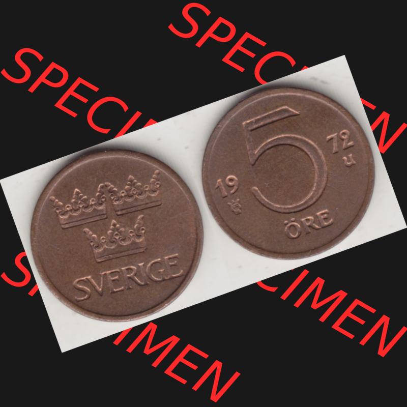 Münzen Schweden Umlaufmünze 1972-1973, 5 Öre 1972, Bild mit Vollansicht als Bildmaterial Sammlung