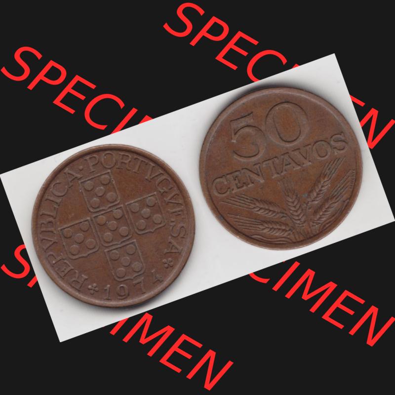 Münzen Portugal Umlaufmünze 1969-1979, 50 Centavos 1974. Vorderseite und Rückseite auf einen Bild/Foto der portugiesischen Umlaufmünze aus Portugal vor der Euro-Einführung... Sammlung