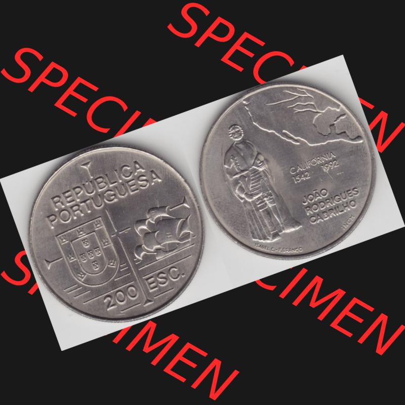 Münzen Portugal Gedenkmünze 1992-1992, 200 Escudos, California 1542-1992, Joao Rodrigues Cabrilho. Vorderseite und Rückseite auf einen Bild/Foto der portugiesischen... Sammlung