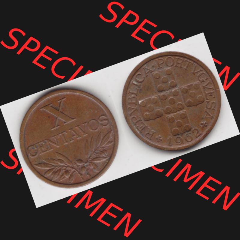 Münzen Portugal Umlaufmünze 1942-1969, 10 Centavos 1962. Vorderseite und Rückseite auf einen Bild/Foto der portugiesischen Umlaufmünze aus Portugal vor der Euro-Einführung... Sammlung