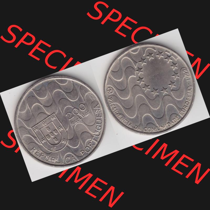Münzen Portugal Gedenkmünze 1992-1992, 200 Escudos, Presidencia da Comunidade Europeia. Vorderseite und Rückseite auf einen Bild/Foto der portugiesischen Gedenkmünze... Sammlung