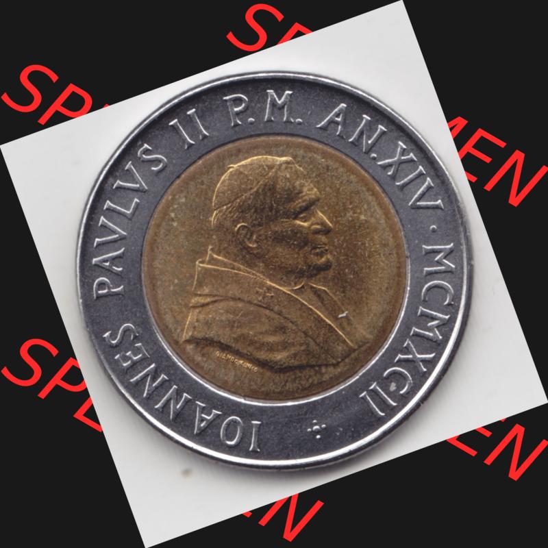 Münzen Vatikan / Vatikanstadt Umlaufmünze 1992-1992, 500 Lire Papst Giovanni Paolo II, Bild mit Vorderseite der Münze als Bildmaterial. Münze aus dem Vatikan... Sammlung