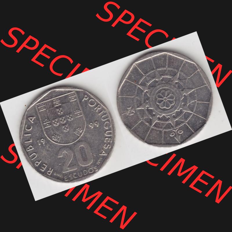 Münzen Portugal Umlaufmünze 1998-2001, 20 Escudos 1999. Vorderseite und Rückseite auf einen Bild/Foto der portugiesischen Umlaufmünze aus Portugal vor der Euro-Einführung... Sammlung