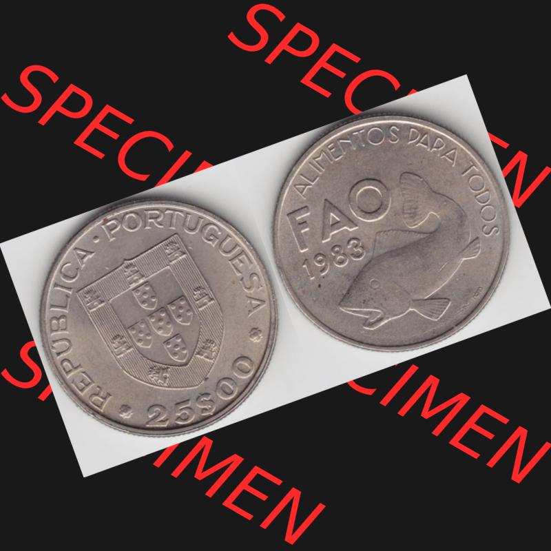 Münzen Portugal Gedenkmünze 1983-1983, 25 Escudo, FAO Alimentos Dara Todos. Vorderseite und Rückseite auf einen Bild/Foto der portugiesischen Gedenkmünze aus... Sammlung