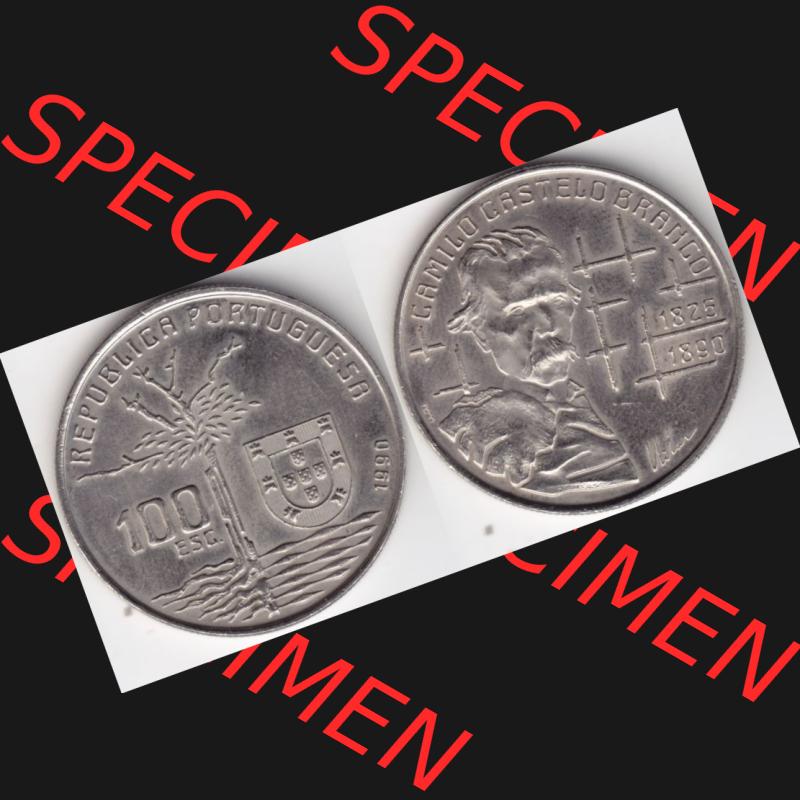 Münzen Portugal Gedenkmünze 1990-1990, 100 Escudos, Camilo Castelo Braiico. Vorderseite und Rückseite auf einen Bild/Foto der portugiesischen Gedenkmünze aus... Sammlung