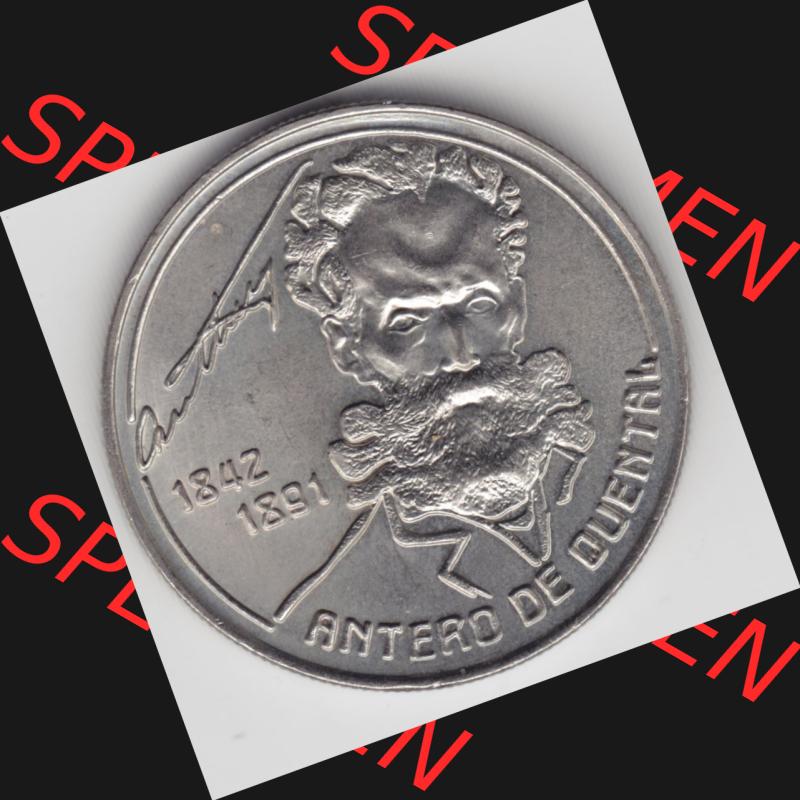 Münzen Portugal Gedenkmünze 1991-1991, 100 Escudos Antero de Quental, 1842-1891. Rückseite der portugiesischen Gedenkmünze aus Portugal vor der Euro-Einführung... Sammlung