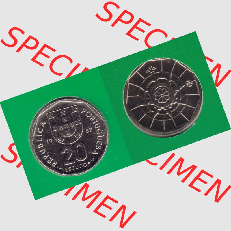Münzen Portugal KMS Umlaufmünze 1987, 20 Escudos. Vorderseite und Rückseite auf einen Bild/Foto der portugiesischen Umlaufmünze aus Portugal vor der Euro-Einführung... Sammlung