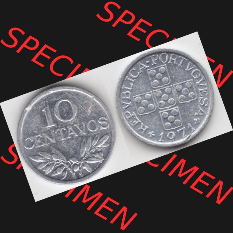 Münzen Portugal Umlaufmünze 1969-1979, 10 Centavos 1971. Vorderseite und Rückseite auf einen Bild/Foto der portugiesischen Umlaufmünze aus Portugal vor der Euro-Einführung... Sammlung