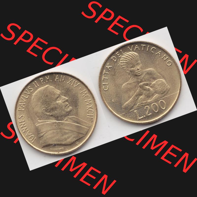 Münzen Vatikan / Vatikanstadt Umlaufmünze 1992-1992, 200 Lire Papst Giovanni Paolo II, Bild mit Vollansicht als Bildmaterial. Münze aus dem Vatikan der Vatikanstadt... Sammlung