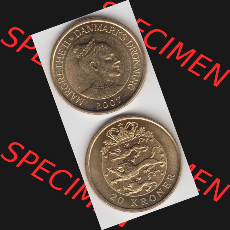 Münzen Dänemark Umlaufmünze 2007, 20 Kroner, Kronen. Vorderseite und Rückseite vertikal auf einen digitalen Bild der alten dänischen Umlaufmünze aus Dänemark... Sammlung