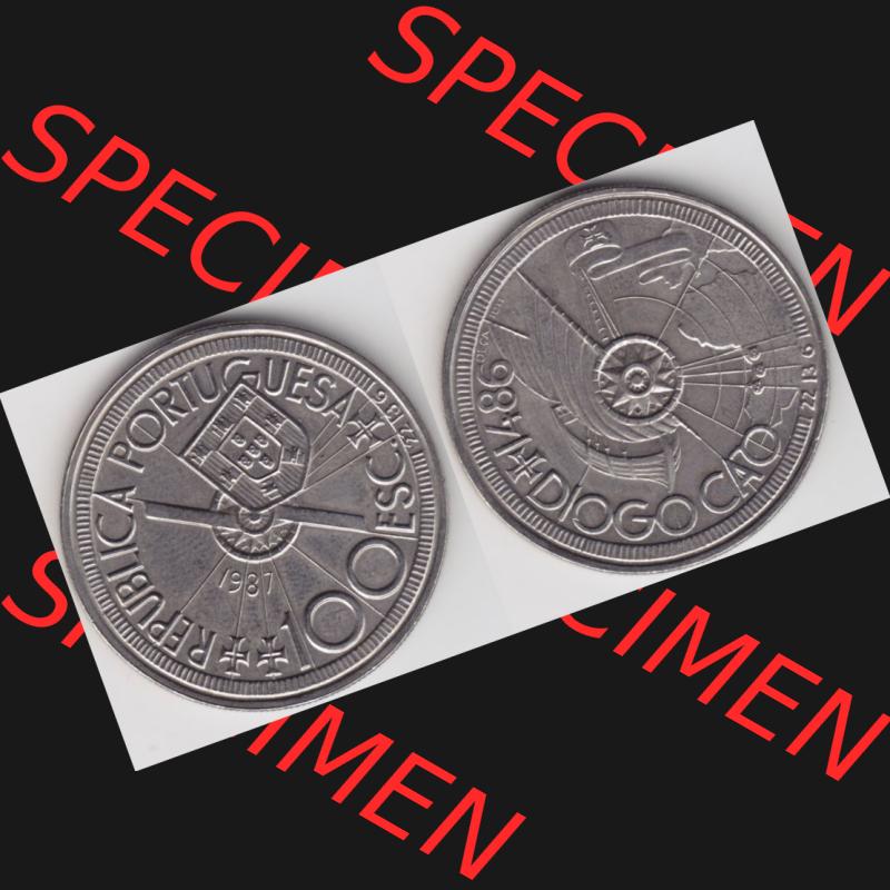 Münzen Portugal Gedenkmünze 1987-1987, 100 Escudo, Diogo Cao 1486. Vorderseite und Rückseite auf einen Bild/Foto der portugiesischen Gedenkmünze aus Portugal... Sammlung