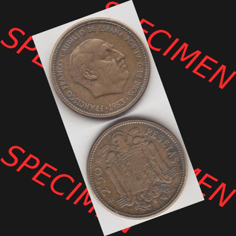 Münzen Spanien Umlaufmünze 1953-1953, 2,50 Peseten 1953, Münze aus Spanien, Umlaufmünze / aus Zahlungsverkehr mit Münzseiten Vertikal / Untereinander... Sammlung