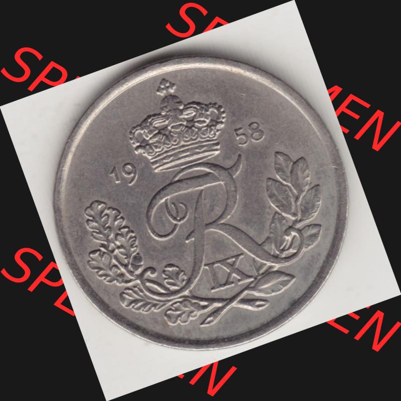 Münzen Dänemark Umlaufmünze 1948-1960, 25 Öre 1958. Vorderseite der alten dänischen Umlaufmünze aus Dänemark zum katalogisieren und verwalten im Münzen-Katalog... Sammlung
