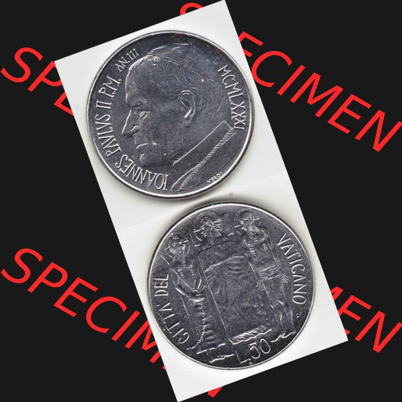 Münzen Vatikan / Vatikanstadt Umlaufmünze 1981-1981, 50 Lire Papst Johannes Paul II, Münzseiten Untereinander als Bildmaterial. Münze aus dem Vatikan der Vatikanstadt... Sammlung