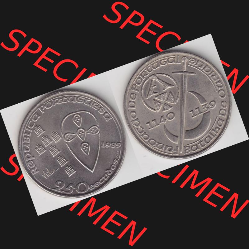 Münzen Portugal Gedenkmünze 1989-1989, 250 Escudos Batalha de Ourique, Schlacht von Ourique. Vorderseite und Rückseite auf einen Bild/Foto der portugiesischen Gedenkmünze... Sammlung
