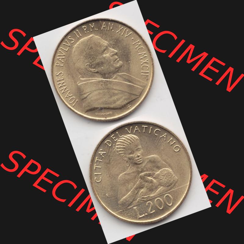 Münzen Vatikan / Vatikanstadt Umlaufmünze 1992-1992, 200 Lire Papst Giovanni Paolo II, Münzseiten Untereinander als Bildmaterial. Münze aus dem Vatikan der Vatikanstadt... Sammlung