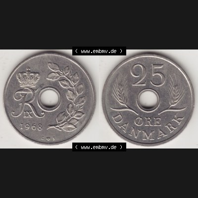 Münzen Dänemark Umlaufmünze 1966-1972, 25 Öre 1968 I. Vorderseite und Rückseite horizontal auf einen digitalen Bild der alten dänischen Umlaufmünze aus Dänemark... Sammlung