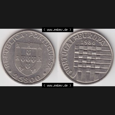 Münzen Portugal Gedenkmünze 1986-1986, 25 Escudos Portugal-Europa 1986. Vorderseite und Rückseite auf einen Bild/Foto der portugiesischen Gedenkmünze aus Portugal vor... Sammlung