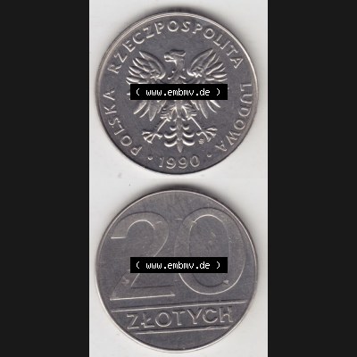 Münzen Polen Umlaufmünze 1989-1990, 20 Zlotych 1990, Münzseiten Untereinander als Bildmaterial Sammlung