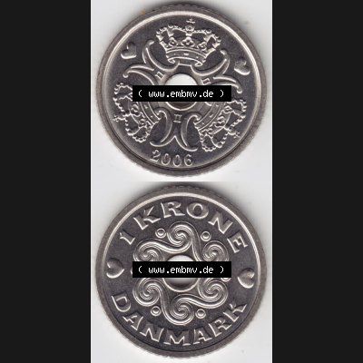 Münzen Dänemark Umlaufmünze 2006, 1 Krone. Vorderseite und Rückseite vertikal auf einen digitalen Bild der alten dänischen Umlaufmünze aus Dänemark zum katalogisieren... Sammlung