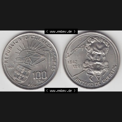 Münzen Portugal Gedenkmünze 1991-1991, 100 Escudos Antero de Quental, 1842-1891. Vorderseite und Rückseite auf einen Bild/Foto der portugiesischen Gedenkmünze... Sammlung