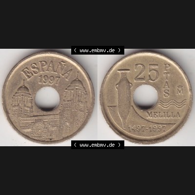 Münzen Spanien Umlaufmünze 1997-1997, 25 PTAS - Peseten 1997, Bild mit Vollansicht als Bildmaterial Sammlung