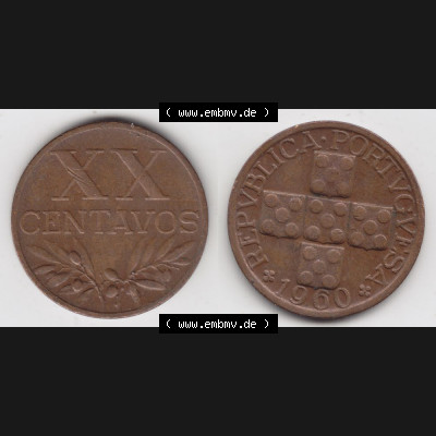 Münzen Portugal Umlaufmünze 1942-1969, 20 Centavos 1960. Vorderseite und Rückseite auf einen Bild/Foto der portugiesischen Umlaufmünze aus Portugal vor der Euro-Einführung... Sammlung