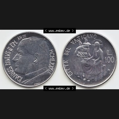 Münzen Vatikan / Vatikanstadt Umlaufmünze 1981-1981, 100 Lire Papst Johannes Paul II, Bild mit Vollansicht als Bildmaterial. Münze aus dem Vatikan der Vatikanstadt... Sammlung