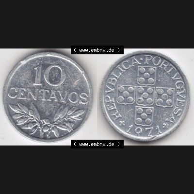 Münzen Portugal Umlaufmünze 1969-1979, 10 Centavos 1971. Vorderseite und Rückseite auf einen Bild/Foto der portugiesischen Umlaufmünze aus Portugal vor der Euro-Einführung... Sammlung