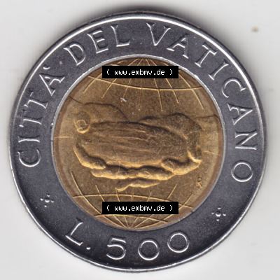 Münzen Vatikan / Vatikanstadt Umlaufmünze 1992-1992, 500 Lire Papst Giovanni Paolo II, Bild mit Rückseite der Münze als Bildmaterial. Münze aus dem Vatikan... Sammlung