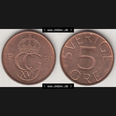 Münzen Schweden Umlaufmünze 1976-1984, 5 Öre 1981, Bild mit Vollansicht als Bildmaterial Sammlung